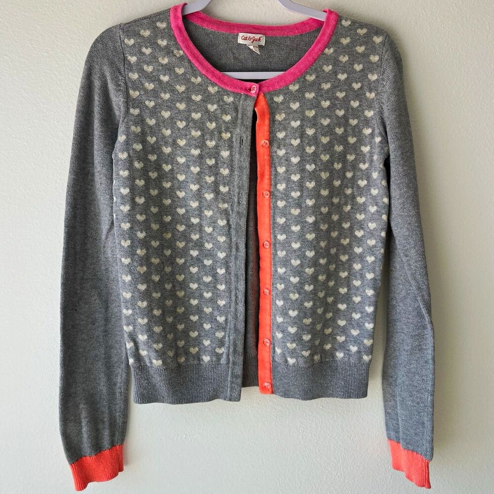Cat & Jack Girls XL 14/16 Gray Heart Knit Cotton Button Cardigan Sweater